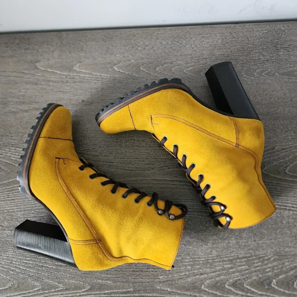 Miu Miu Mustard Yellow Suede Ankle Bootie Combat US 5.5 EU 35.5 Y2K Whimsigoth